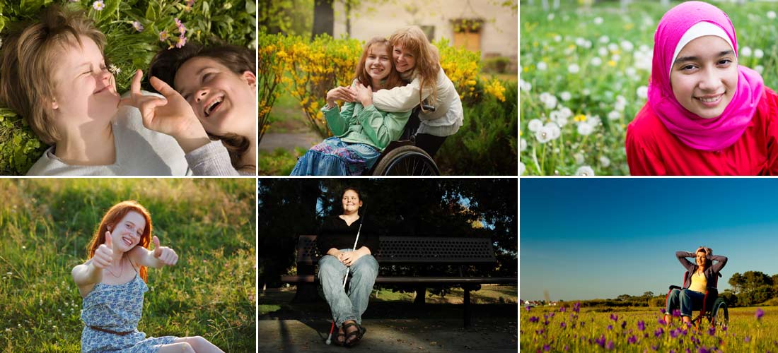 Das Foto zeigt eine Collage aus sechs Fotos. Oben links ist ein lächelndes Mädchen mit Kopftuch. In der Mitte sind zwei lachende Mädchen, die sich aneinanderschmiegen. Rechts oben ist ein schwarzes Mädchen, das verschmitzt grinst. Unten links sind zwei Mä